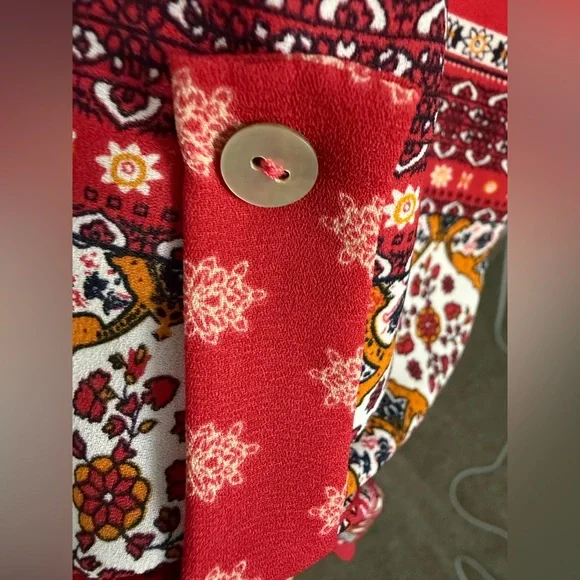 West Kei Red Boho Tie-Front Peasant Blouse with Ivory & Mustard Accents - Picture 5 of 6